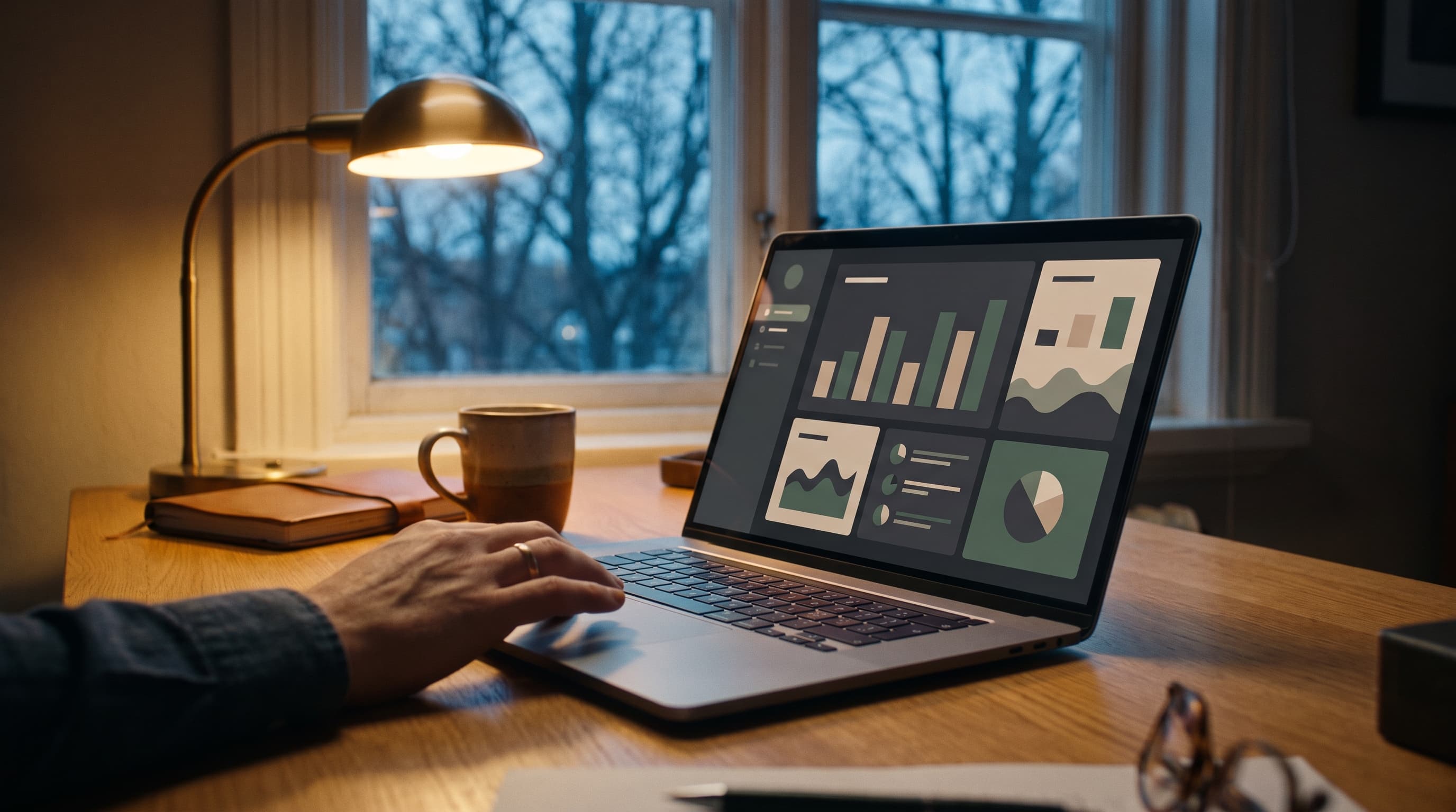 Laptop med regnskapsdashboard i kveldslys