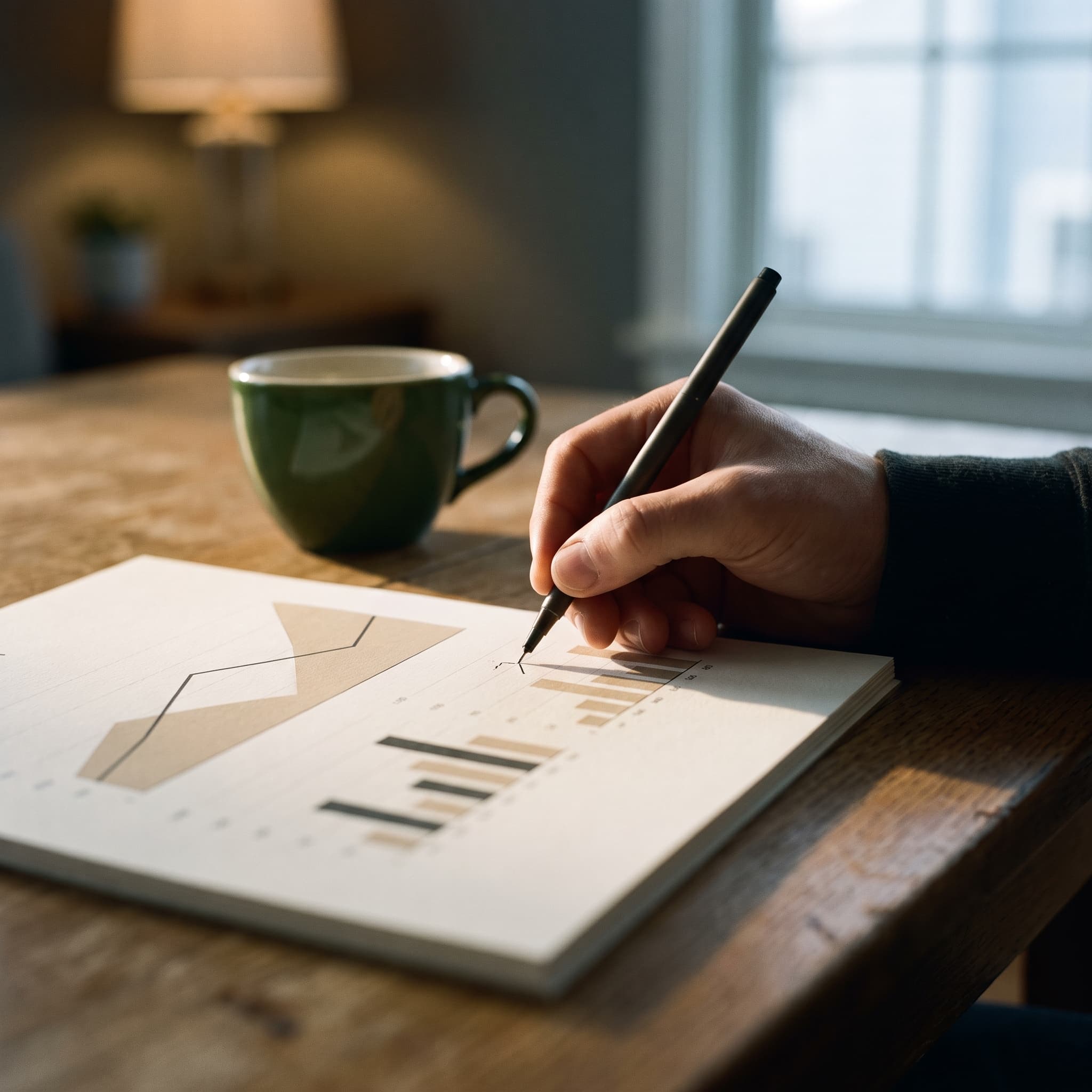 Finansrapport med penn og kaffekopp på et eikebord