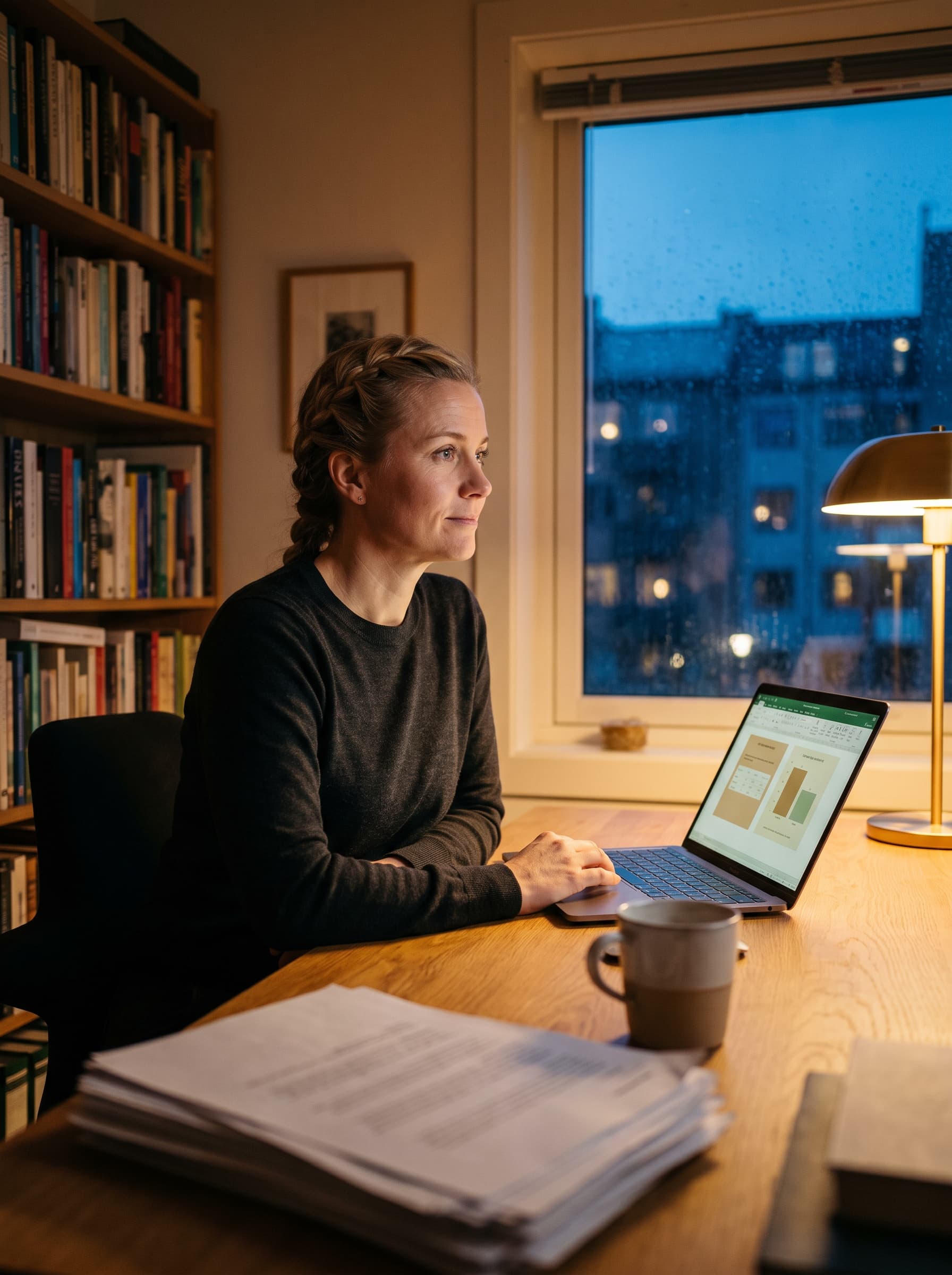 Bedriftseier som jobber med regnskapet på kveldstid