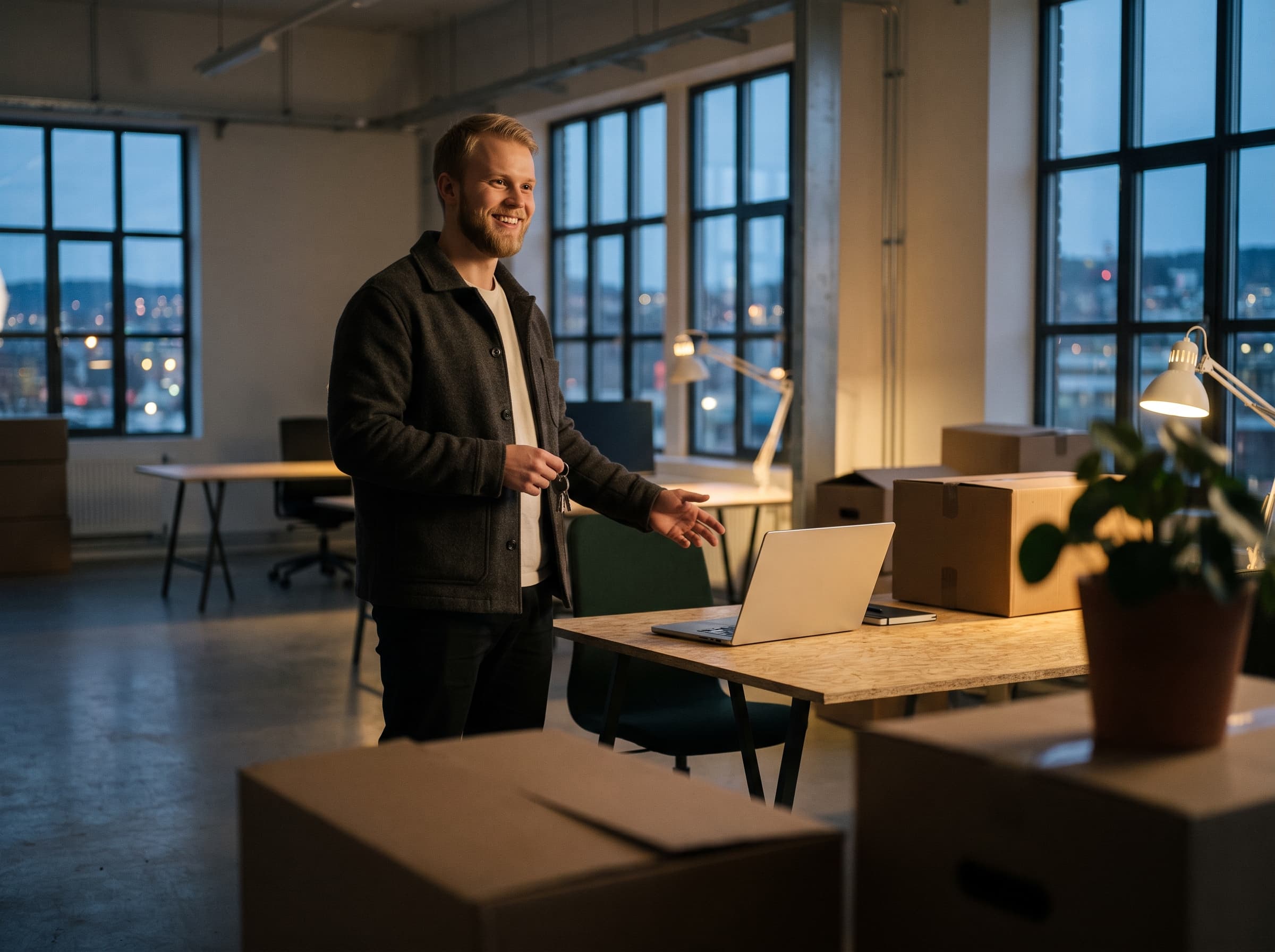 Gründer som starter bedrift ved et lyst skrivebord